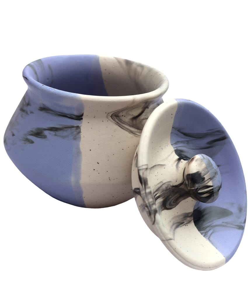 Artisan Marbled Ceramic Storage Jar with Lid, Two-Tone Blue & Cream view 2