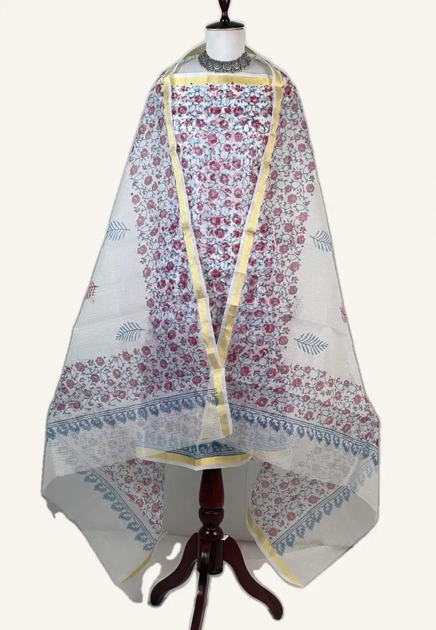 Kota Doria Dress Material Slate Blue Floral Jaal view 2