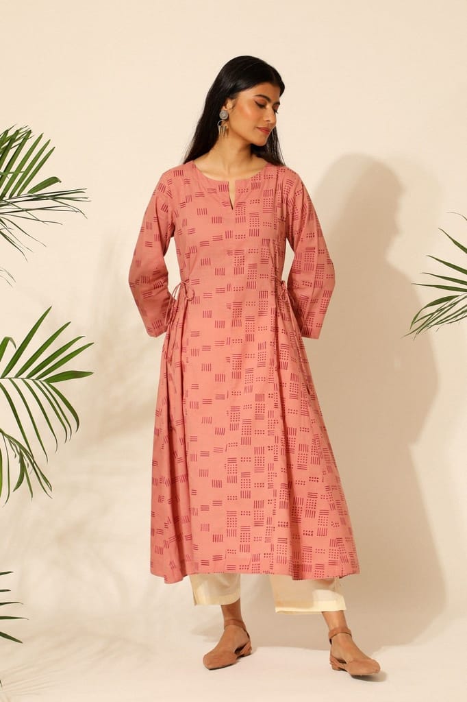 Tiera Pink Block Printed Flared Kurta view 2