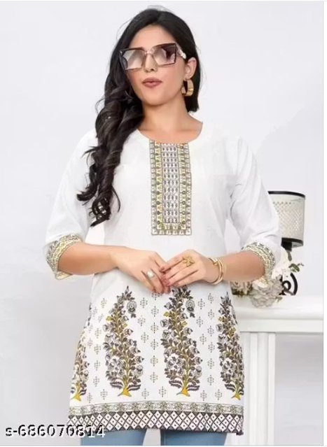 Women's Stylish and Trending White Base Cotton Short Tunic Kurti Seaquence Yellow & Brown Eambroidered & Daman Printed One Side Pocket view 2