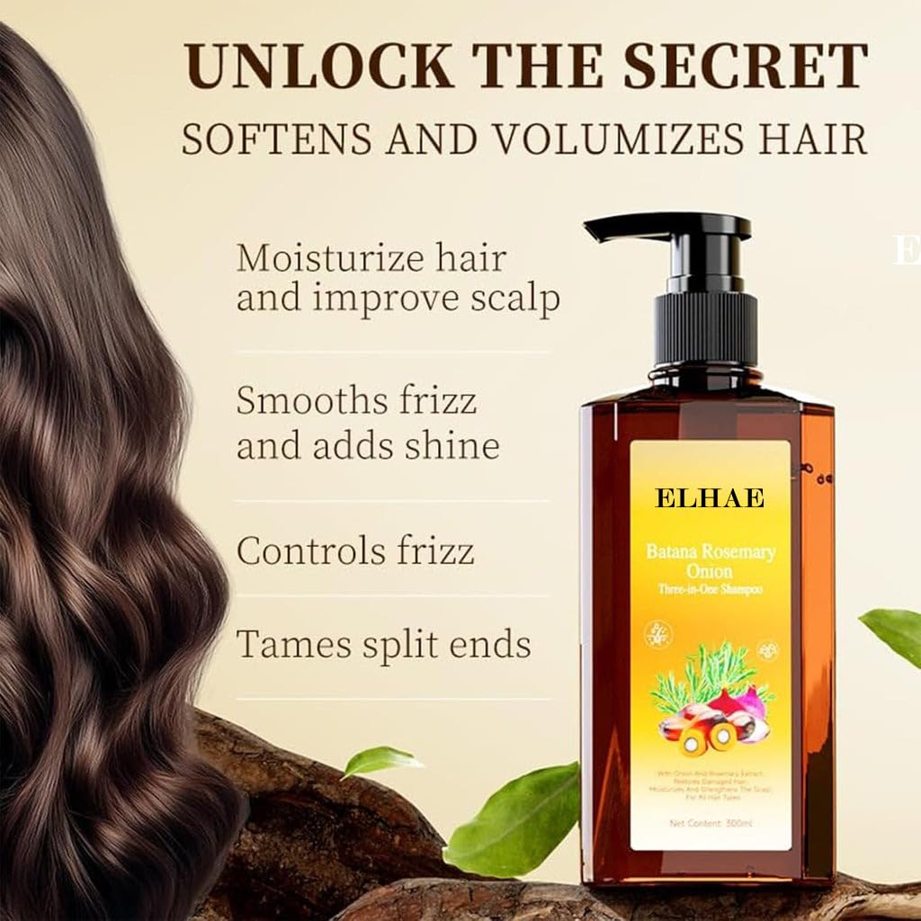 ELHAE 3 in 1 Batana Rosemary Onion Shampoo | Natural Hair Repair Formula | Reduces Hair Fall, Strengthens Roots & Moisturizes Scalp | For All Hair Types | Sulfate-Free, Paraben-Free (Pack 2 x 300Ml) view 2