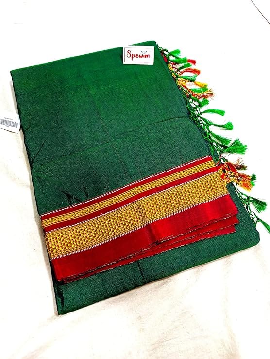 Elegant Green Saree with Red & Gold Border view 2