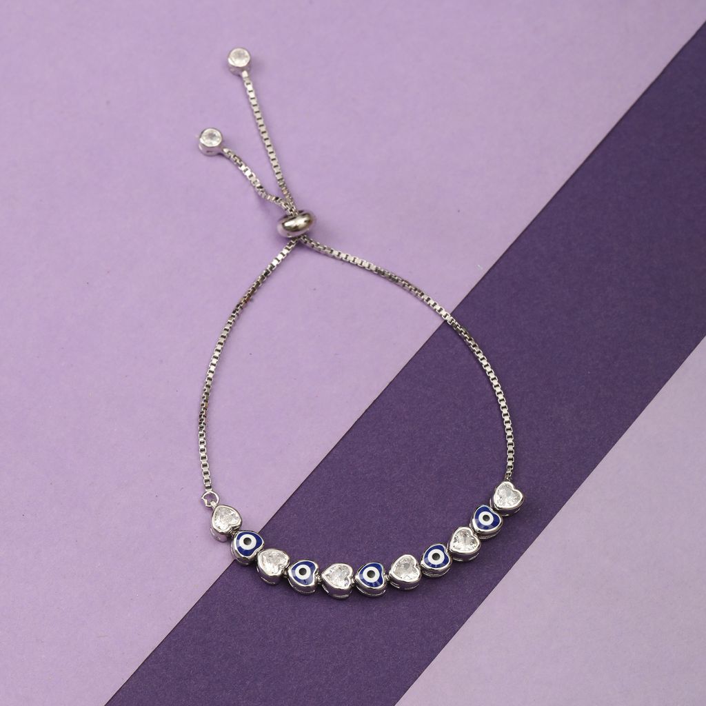 925 Sterling Silver Evil Eye Adjustable Bracelet with Cubic Zirconia Hearts for Women | Protection Charm Jewelry I Weight - 6.15 g view 2
