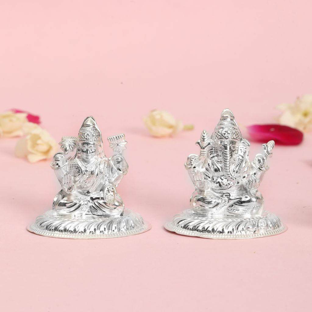 Pure Silver Lakshmi Ganesh Idol Set | 925 Hallmarked Laxmi Ganesha Murti for Puja, Diwali Gift, Home Temple Décor view 2