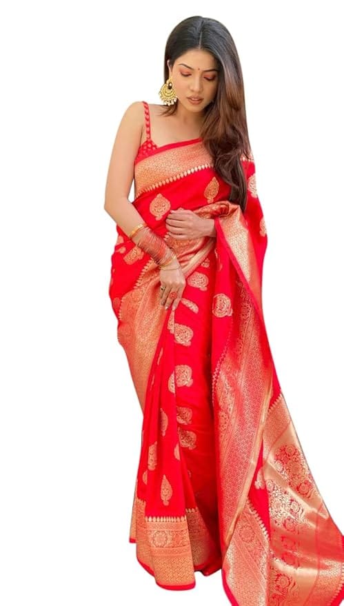 Red Banarasi Silk Saree With Golden Zari Work And Pallu. view 2