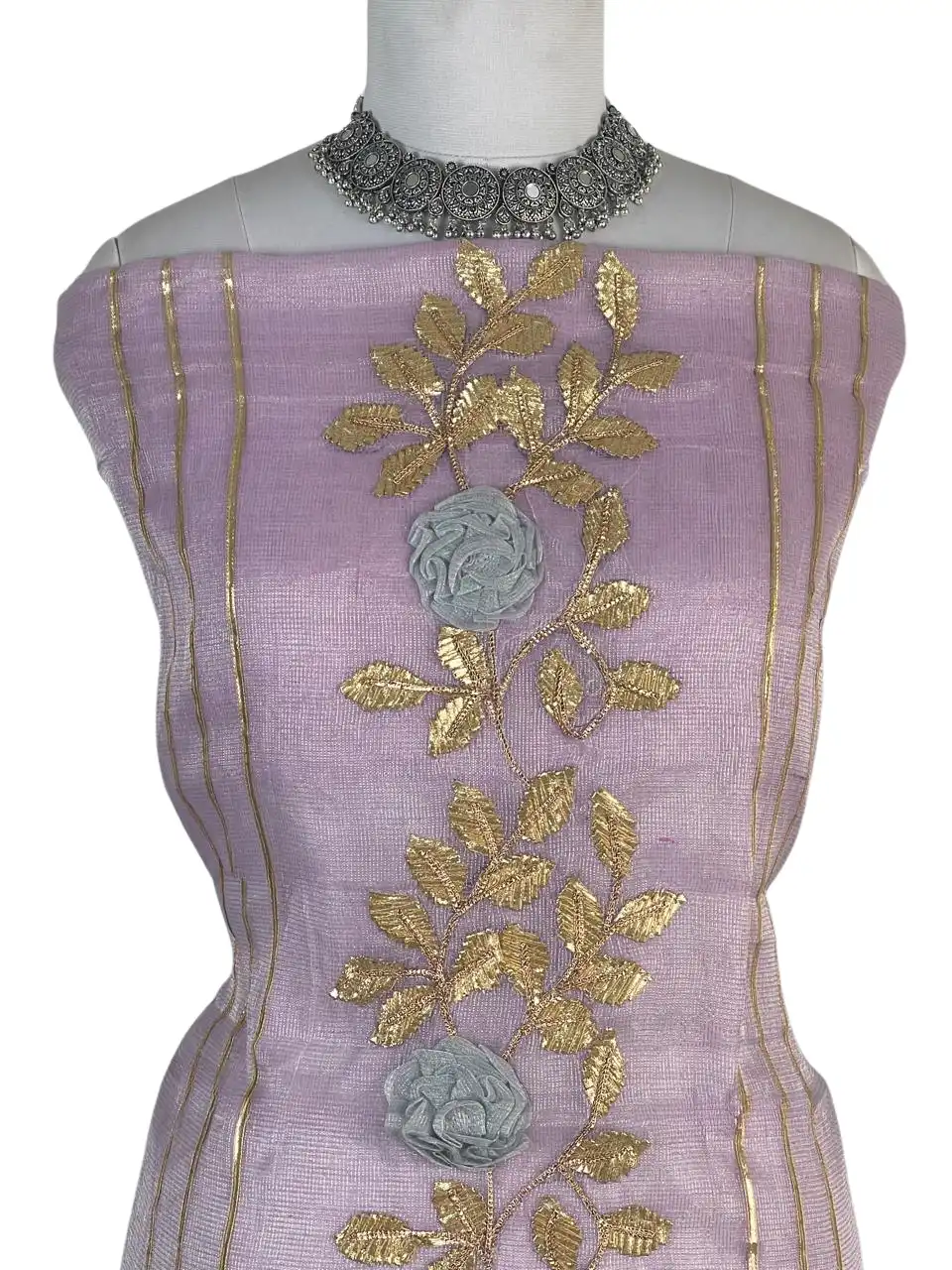 Kota Doria Dress Material Light Lilac Gold Rose Vine view 2