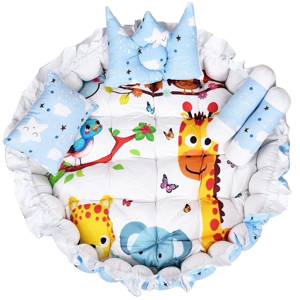 LOREM Multicolor 4 Pillows & Round Shape Cotton Baby Bed for 0-1 Year BB09-10