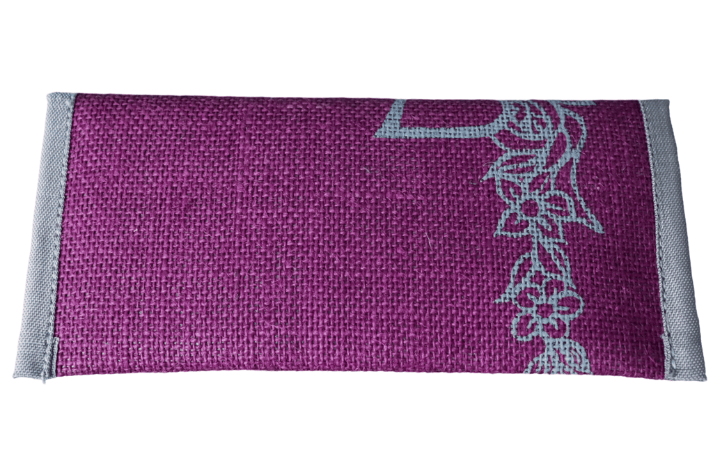 Purple jute clutch purse with floral print and gray trim view 2