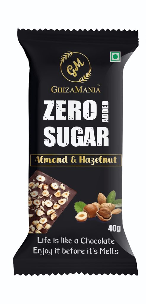 GHIZAMANIA ALMOND & HAZELNUT ZERO ADDED SUGAR | 40g | PACK OF 1 | 54% DARK CHOCOLATE BAR | SUGAR FREE CHOCOLATE BAR | VEGAN & GLUTEN FREE CHOCOLATE BAR. view 2