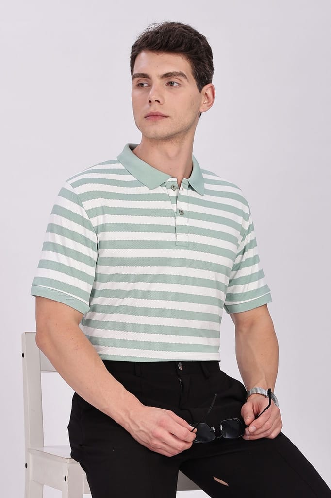 Puff Cotton Green & White Striped Polo view 2
