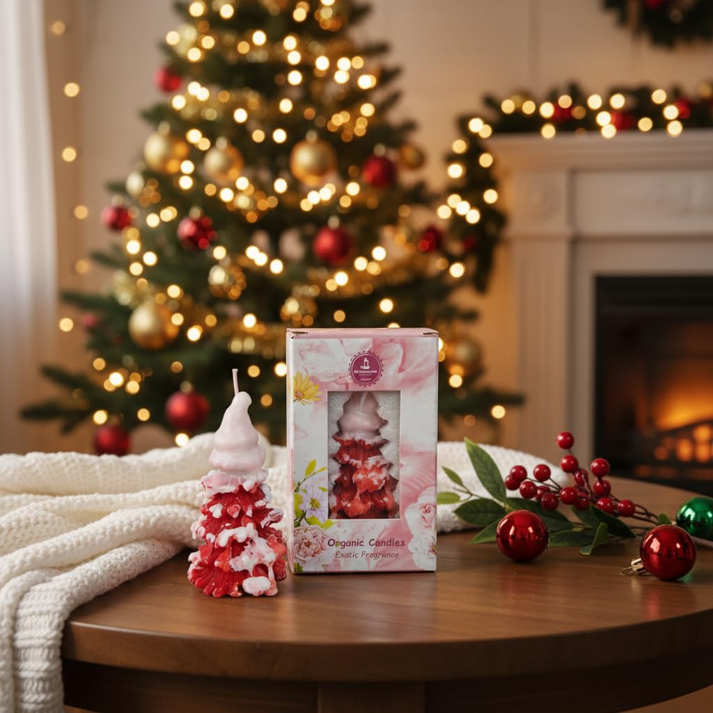 SS Enterprise Organic Soy Wax Christmas Tree Piller Candle for Decor | Christmas Tree Shaped Scented Aromatic Fragrance Candles | Smoke-Free Candle | Xmas Decoration Accessories view 2