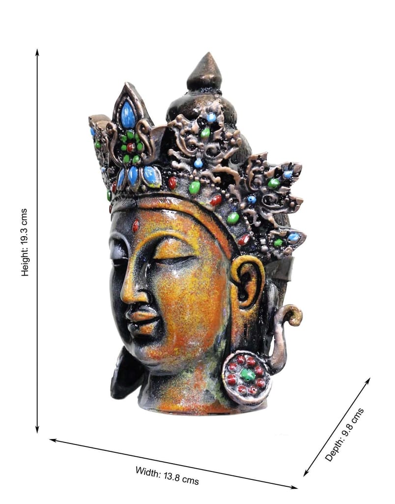 COPPERHOARD Antique Art Multicoloured Tara Devi Goddess Tara Resin Meditating Buddha Head Statue with Beautiful Smile and Crown for Home Decor and Gifting. view 2