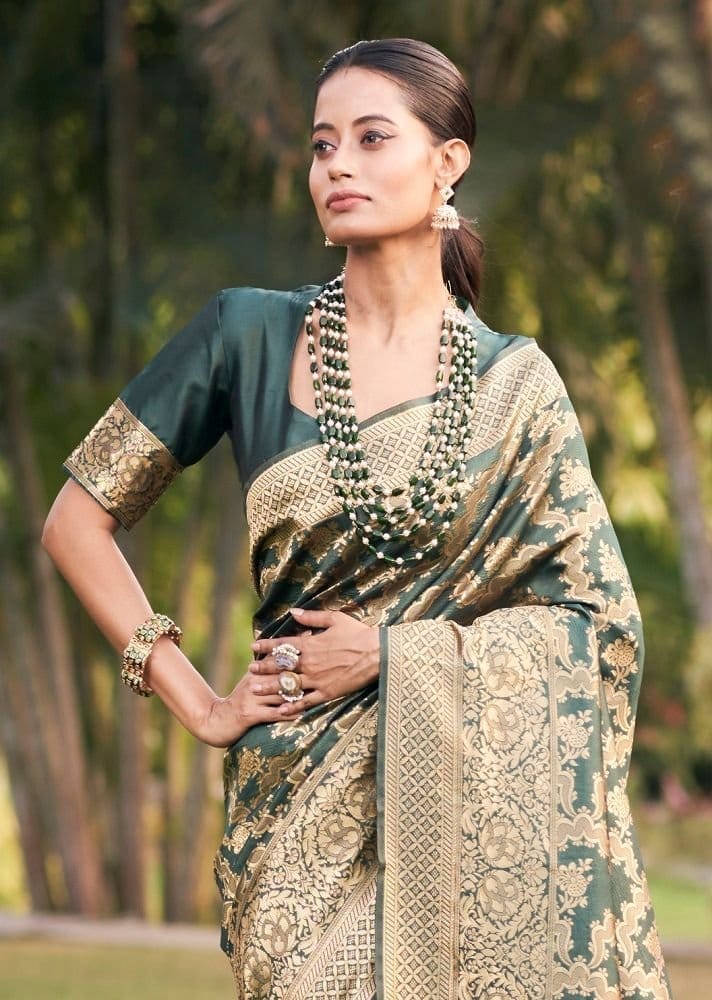 Woven Art Silk Saree in Dark Dusty Green view 2