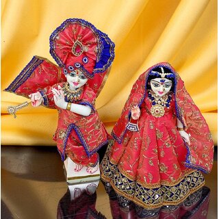 Handcrafted Radha Krishna Poshak | Maroon Yellow Banarsi Silk Deity Outfit view 2