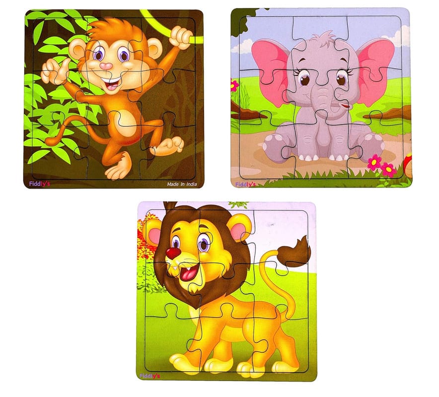 Fiddlys Kid's Wooden Jigsaw Puzzle Games for Children & Kids Paperless Puzzle - 9 Pieces (Pack of 3 Animal) Age 3+ view 2
