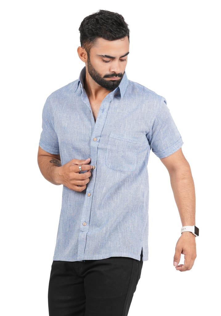Tribes India Solid Blue Khadi Cotton Shirt view 2