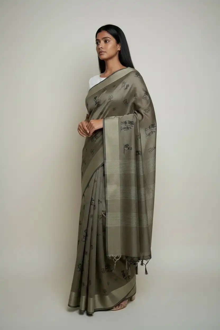 Saura Tribal Cotton Saree Dusty Khaki Village Pallu view 2