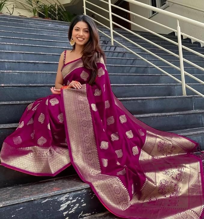 Designer Purple Saree with Gold Zari Work view 2