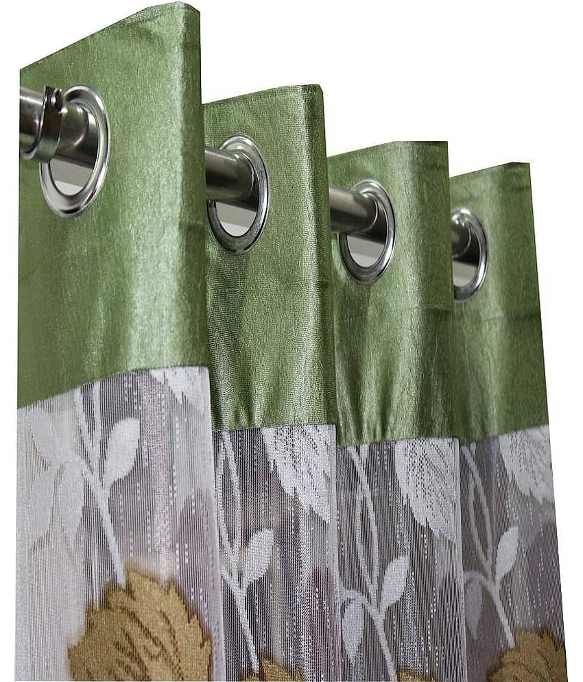 Homefab India Plain Semi-Transparent Eyelet Window Curtain 5ft (Pack of 2) - Green view 2