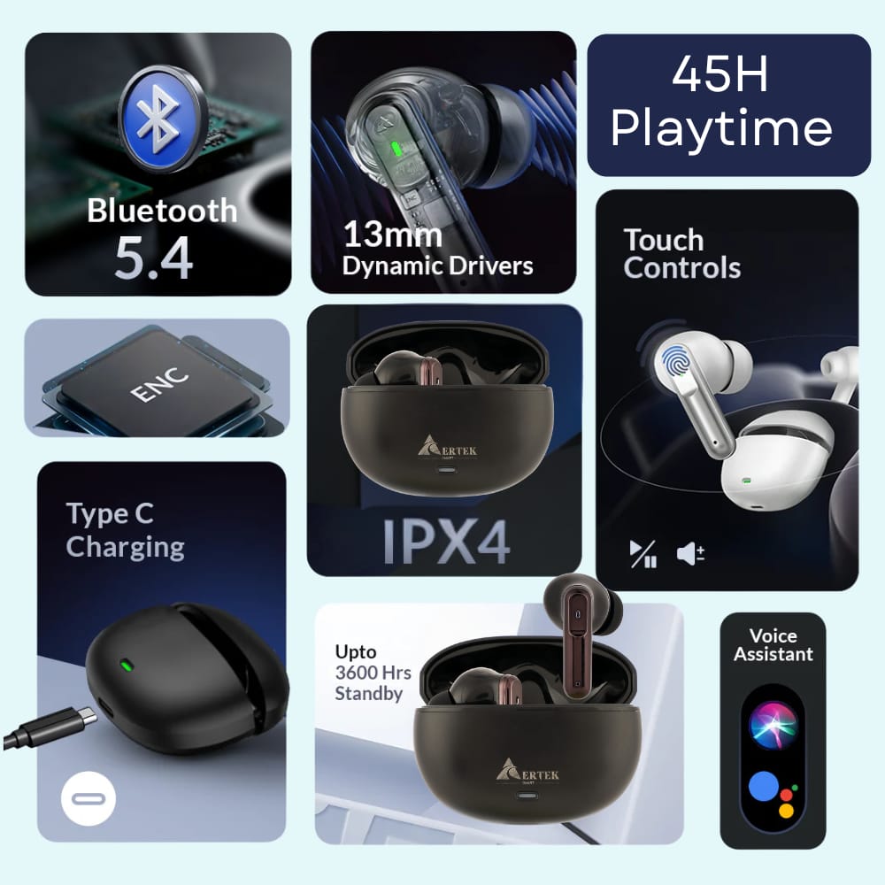 Airdropes 151, 45H Playtime, 13mm Dynamic Drivers, ENC TWS, type C fast charging Earbuds view 2