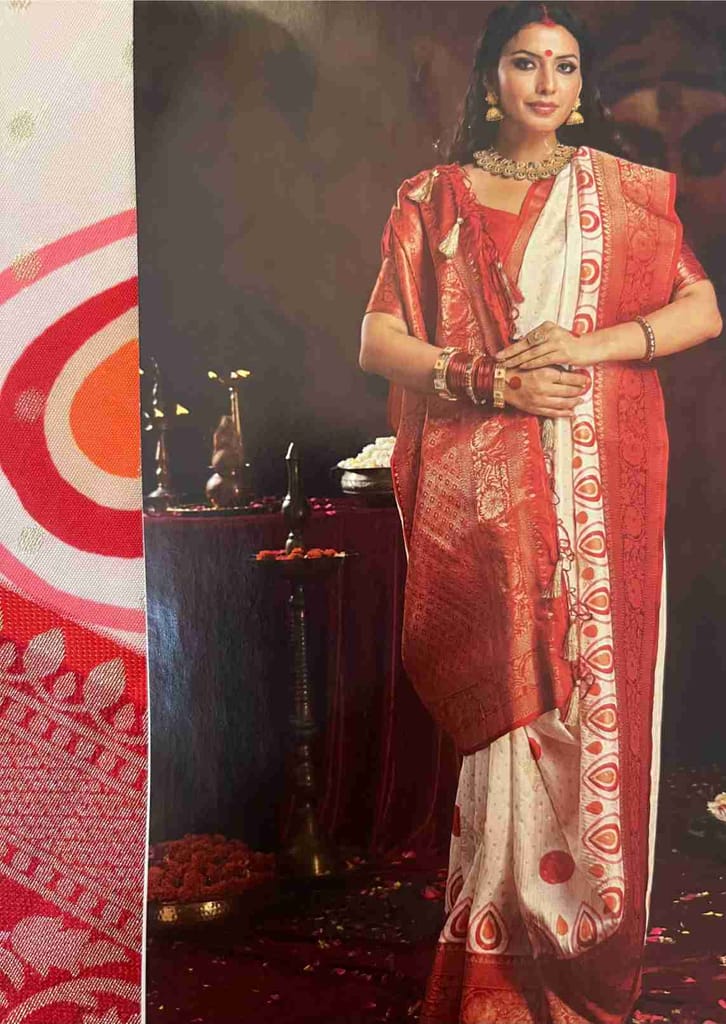 Bengali Red & White Saree view 2