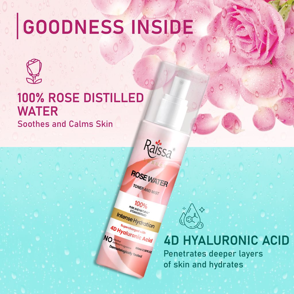 Raissa Rose Water Toner For Face| With 4D Hyaluronic Acid & 100% Pure Rose Extracts| Tightens Pores| Instantly Hydrates| Balances pH| Alcohol-Free| Non-Drying| Soft Spray| All Skin types| 100 ml view 2