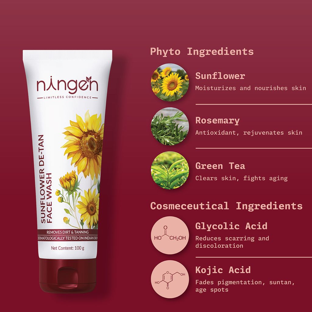 Ningen Sunflower De-tan Face Wash I Rosemary and Green Tea Extract I Dermatologically Tested, Paraben Free I Removes Dirt and Excessive Tan I 100g view 2