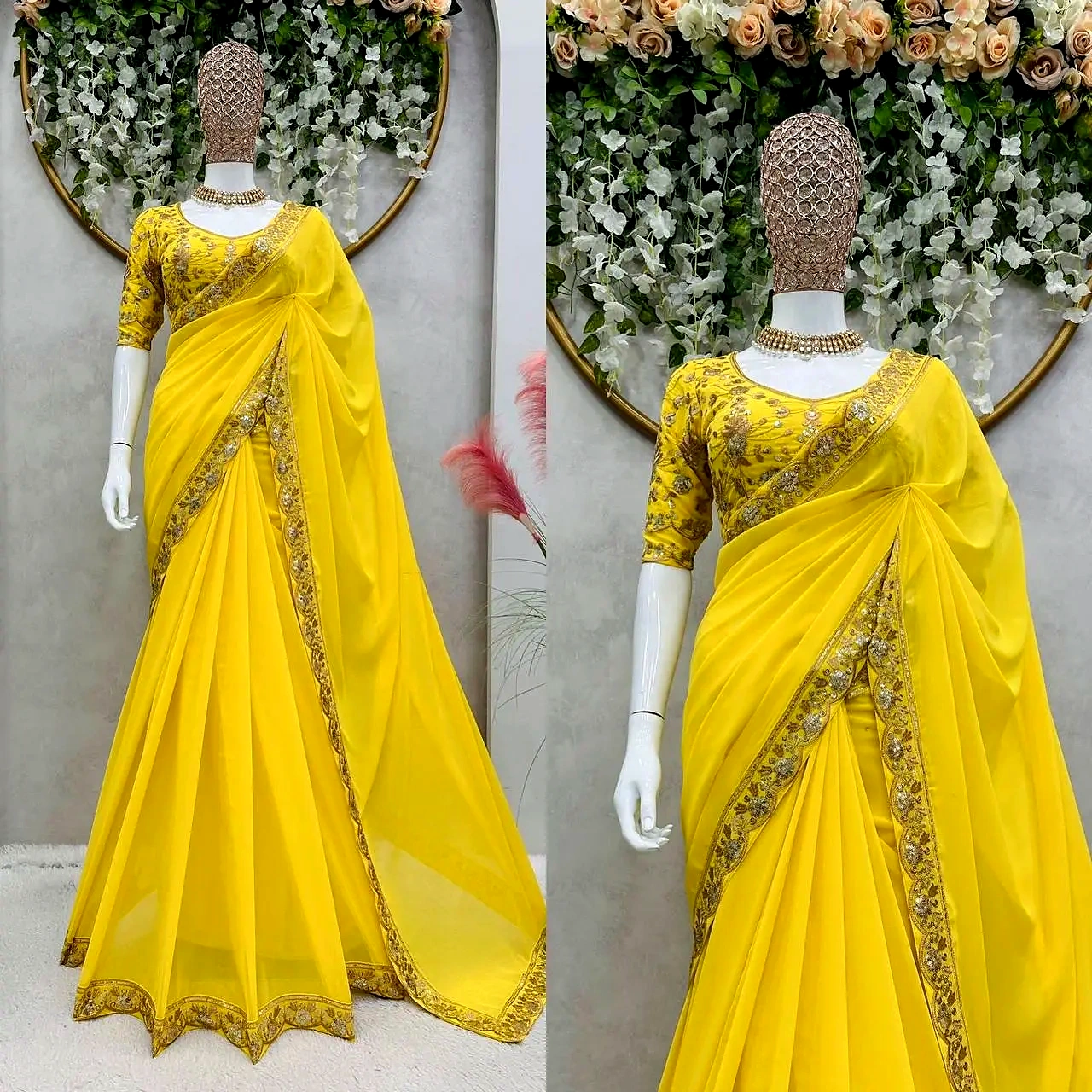 Superb Yellow Color Georgette Thread With Sequence Saree by SHIV TEXTILES view 2