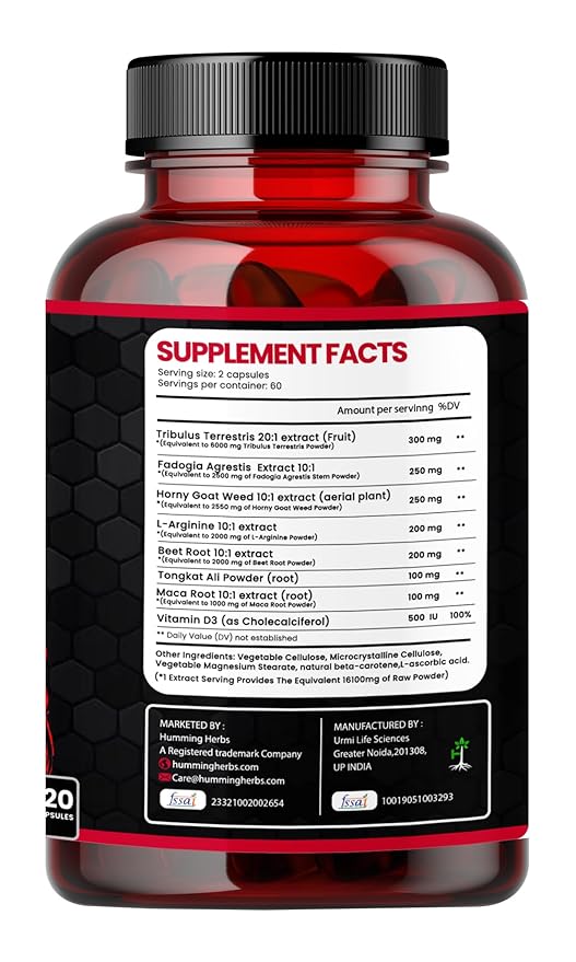 Humming Herbs Alpha Testosterone Booster, 120 Capsules | 8in1 | 16100mg equvivalent| Powerful Combination of Tongkat Ali, Fadogia,Horny Goat Weed, Beet Root and Arginine view 2