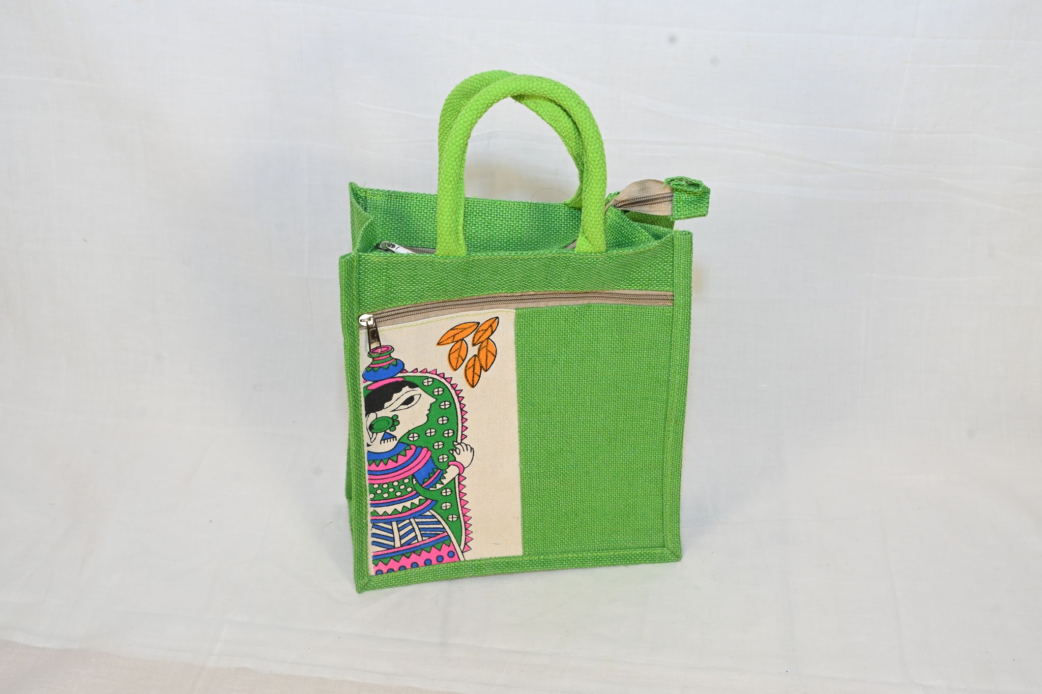 Green Jute Bag with Warli Painting view 2