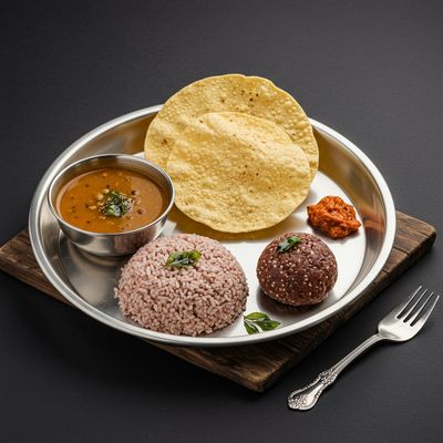 Ragi Ball (1 Nos) + Rice & Sambar + Papad + Pickle