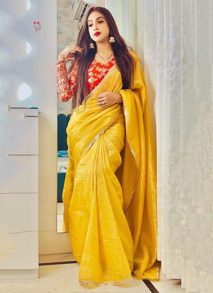 Attractive Yellow Crush Tissue Silk Saree with Jacquard Weaving Stitched Blouse view 2