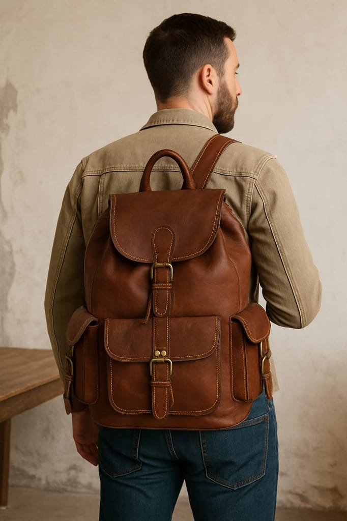 Brown Leather Backpack with Multiple Pockets view 2