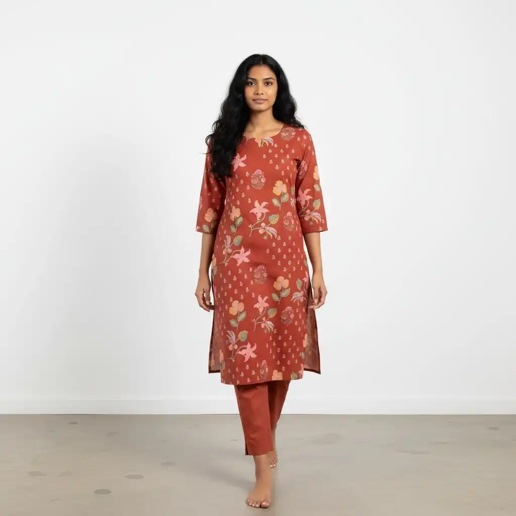 Rust Orange Screen-Print Cotton Kurti with Matching Trousers