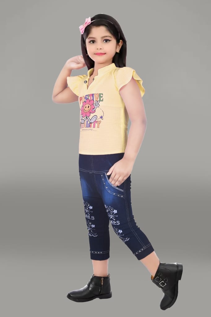 Girls' Summer Outfit Set: Yellow T-Shirt with Positive Vibes Graphic and Blue Denim Jeans with Embroidered Detailing view 2