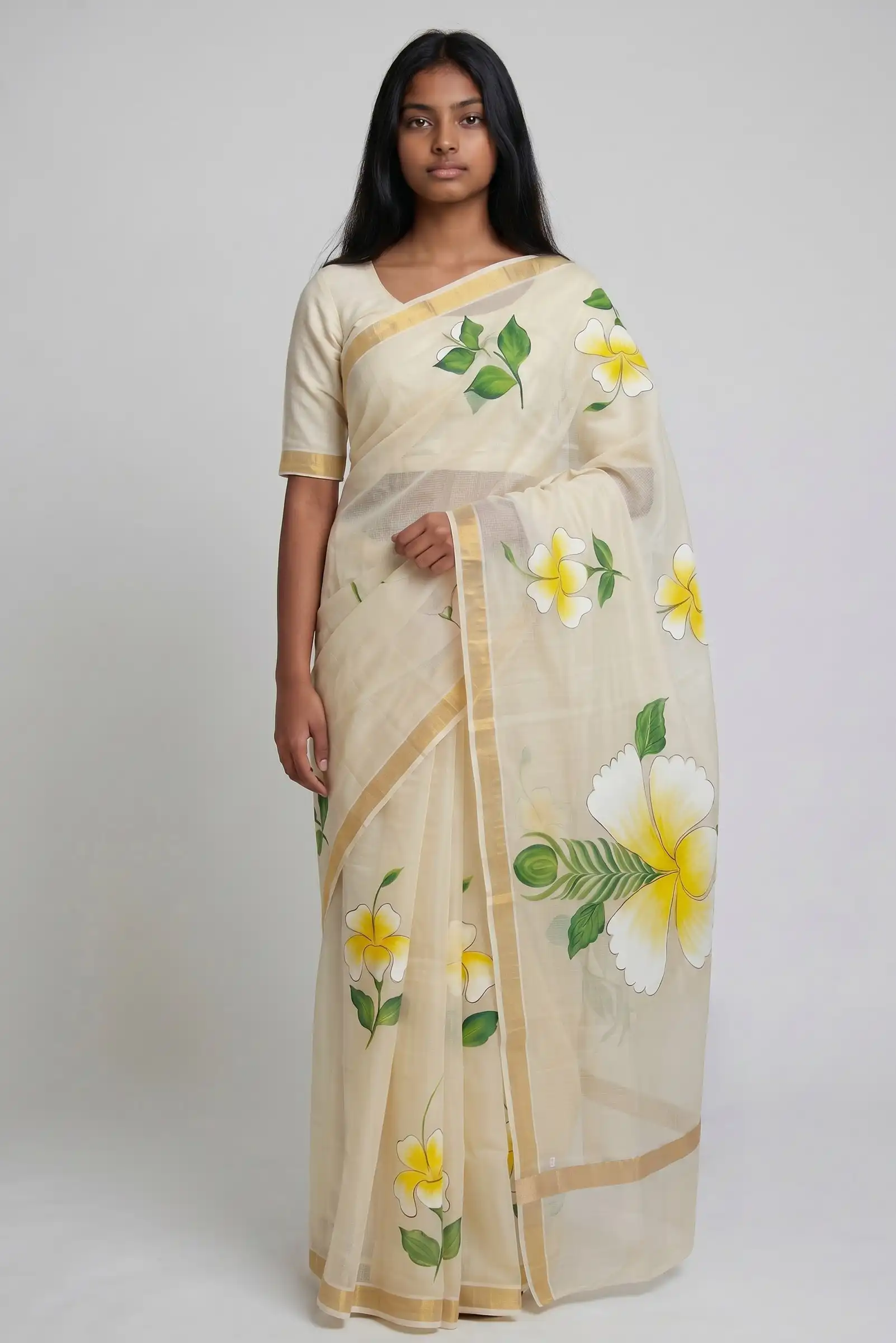 Handwoven Kota Doria Silk Saree in Ivory with Golden Woven Border