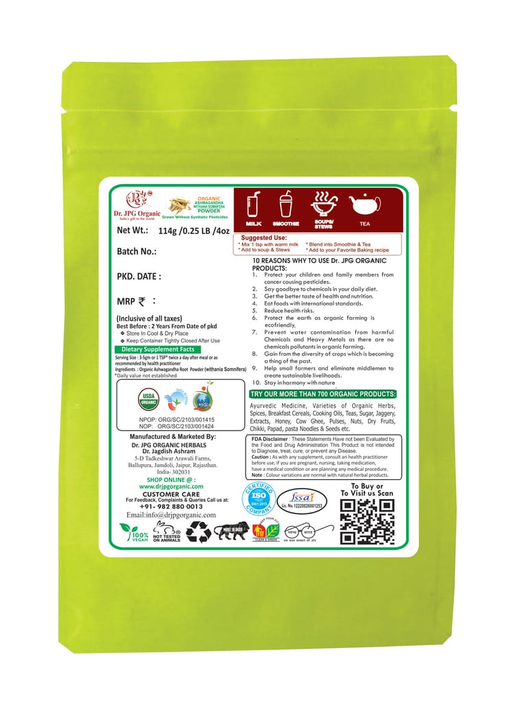 Dr. JPG Organic Herbals Shatavari Powder228g | INDIA ORGANIC Certified | 114g (Pack of 2) view 2