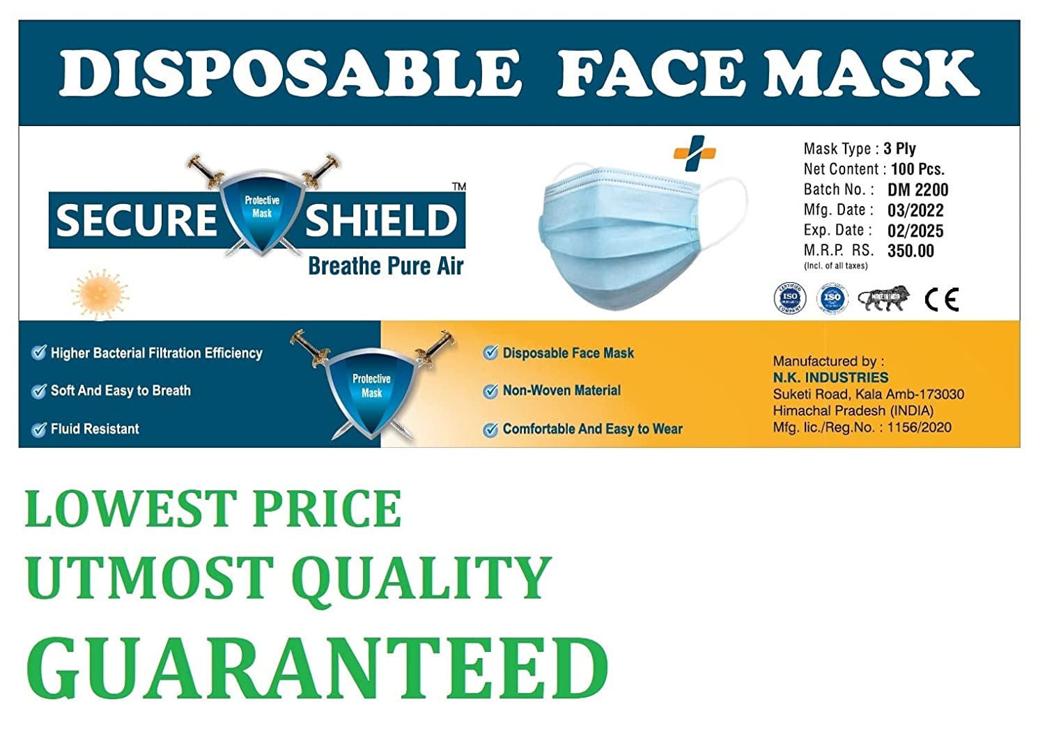 AIO Disposable 3 Ply Face Mask Universal Blue 1 Nos view 2