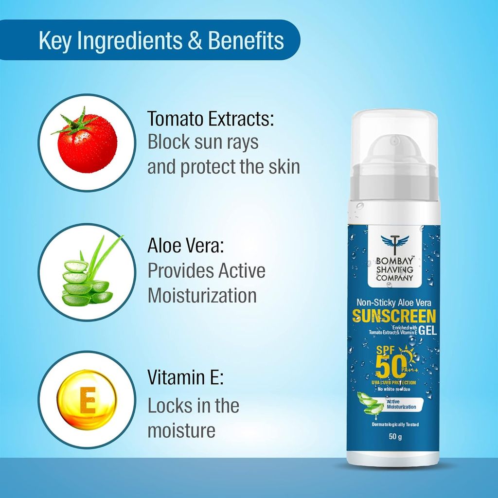 Non-Sticky Sunscreen Gel with Aloe Vera Extracts & Vitamin E - SPF 50 PA+++ UVA/UVB Protection, No White Residue, Active Moisturization, Dermatologically Tested, 50g view 2