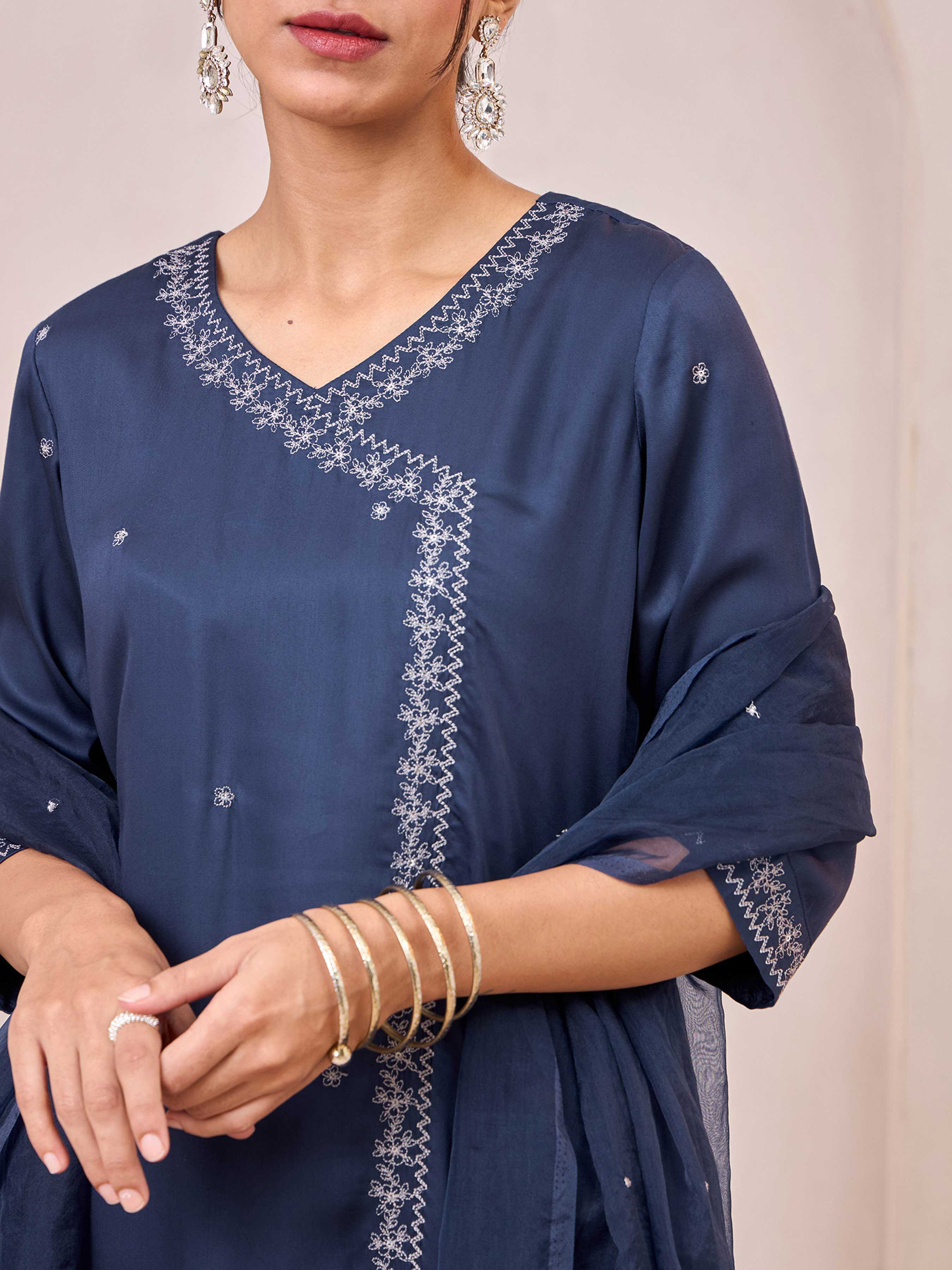 Navy Blue Viscose Plain Kurti Set & Dupatta With Hand Work Embroidery view 2
