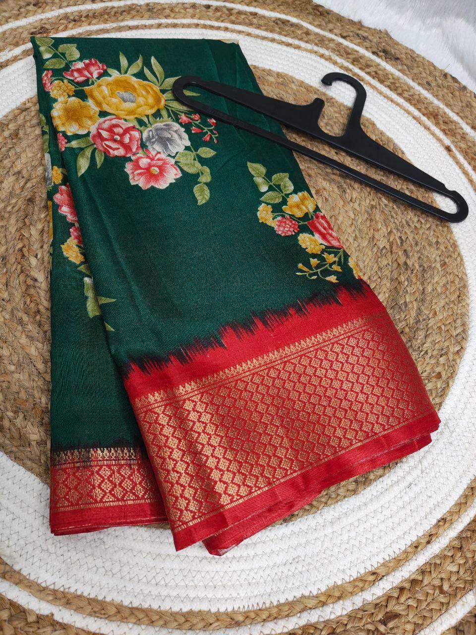 Flower Printed dola silk saree with blouse view 2
