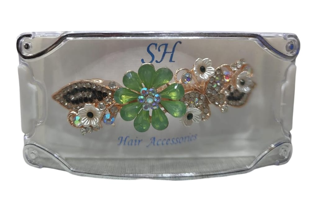 Green Rhinestone and Pearl Flower Hair Clip view 2