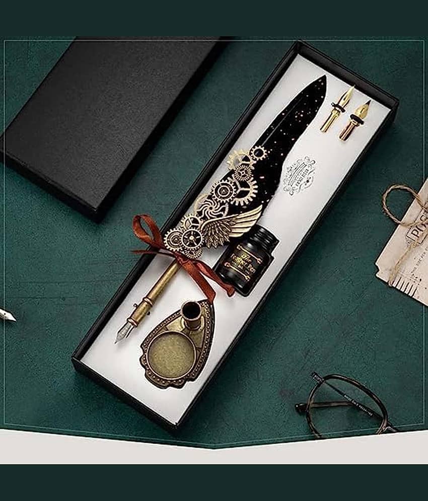 Feather Pen and Ink Set, Mechanic Style Quill Calligraphy Pen with Blue or Black Ink, 2 Replacement Nibs and Pen Holder, Vintage Signature Fountain Pen Dip Pen Gift Set view 2