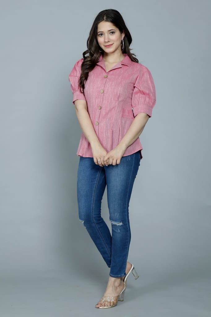 Women's Casual Solid Pink Shirt With Puff Sleeves