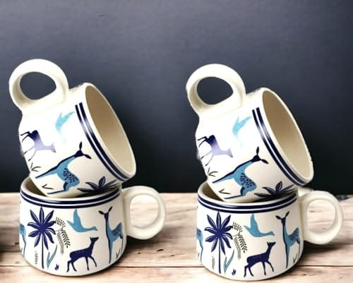 STOREPEDIA Handmade Stag Blue Ceramic Tea Coffee Cup Mug Set of 4 Microwave Dishwasher Safe Medium Size Chai Milk Cups for Home Office Gift Use 150 ml Multicolor view 2