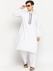 Men's White Cotton Embroidered long Kurta view 2