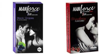 MANFORCE 3 in 1 (Ribbed Contour Dotted) Wild Black Grapes Flavoured Condoms- 10 Pieces & 3 in 1 Wild Ribbed Contour Dotted Strawberry Flavor Condoms - 10 Pieces Condom (Set of 2 20 Sheets) view 2