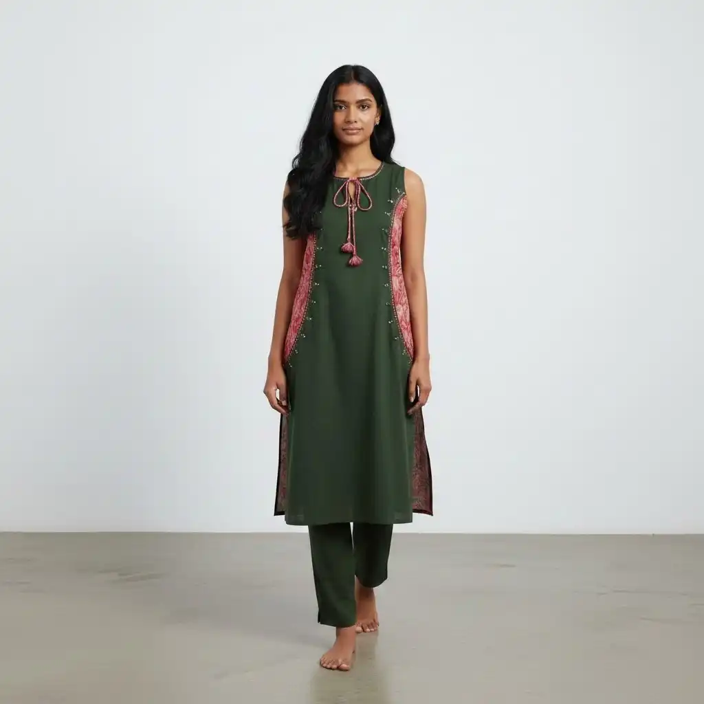 Handloom Cotton Two-Piece Co-Ord Set in Bottle Green