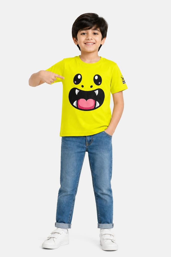 KUCHU Unisex T-Shirt | Monster Print | 8–9 Years | Cotton Modal Fabric | Soft Feel | Breathable | Digitally Printed | Vibrant Colour Yellow view 2