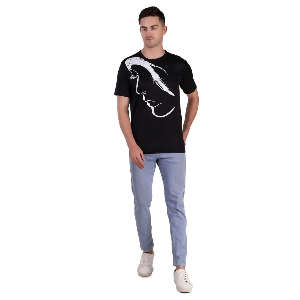 Men's Black T-Shirt with White Line Art of a Woman's Face view 2